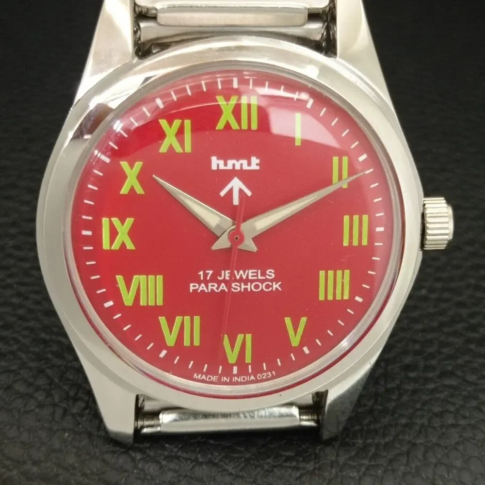 Vintage 1986 HMT Manual Wound Mens Silver Watch & Red accents